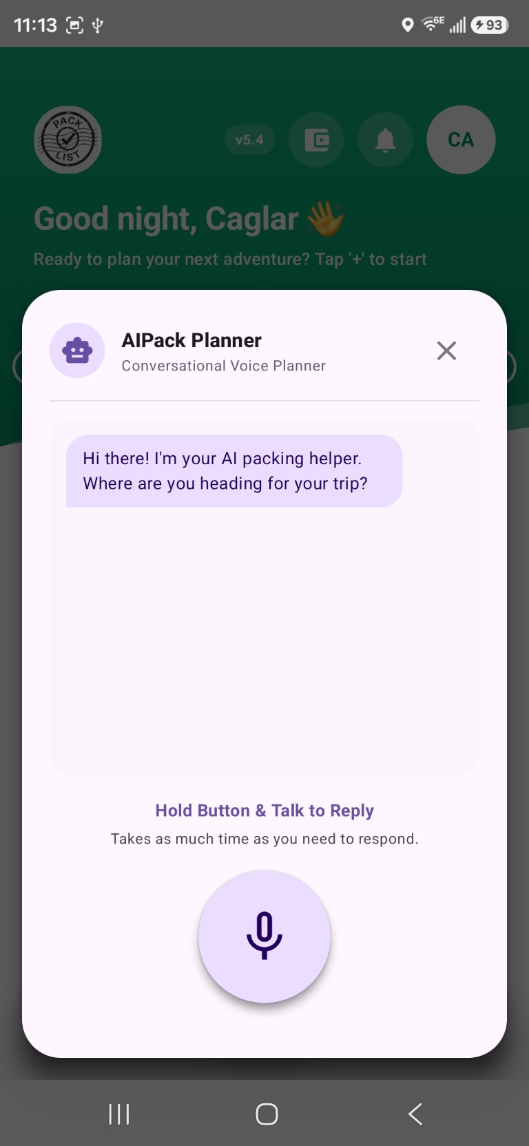 AIPack Planner conversation screen