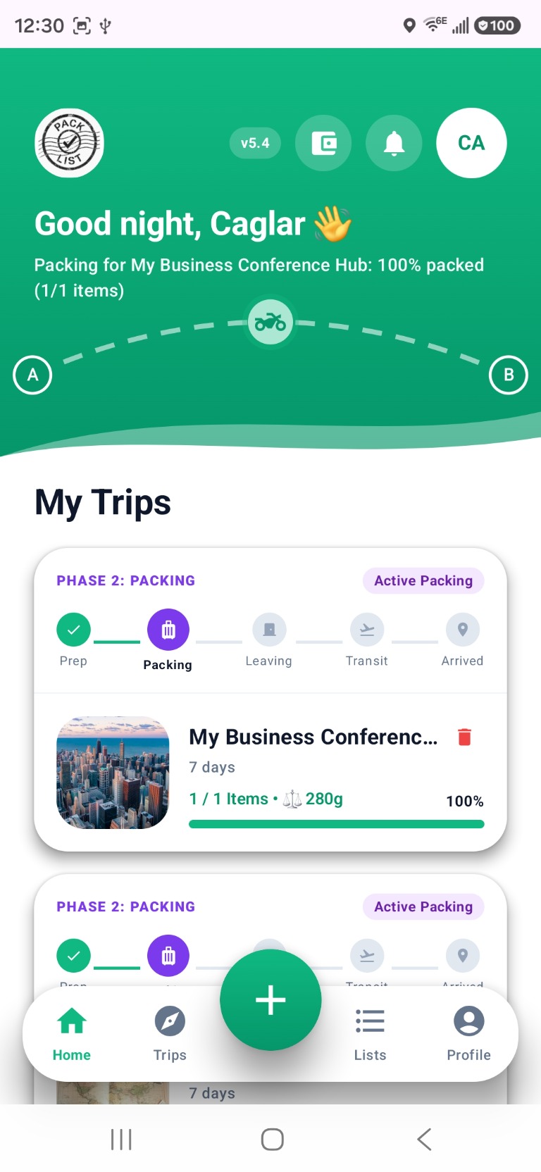 Packolist Home screen