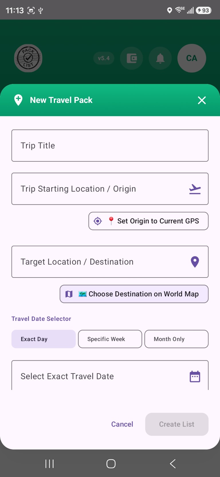 New Travel Pack manual form